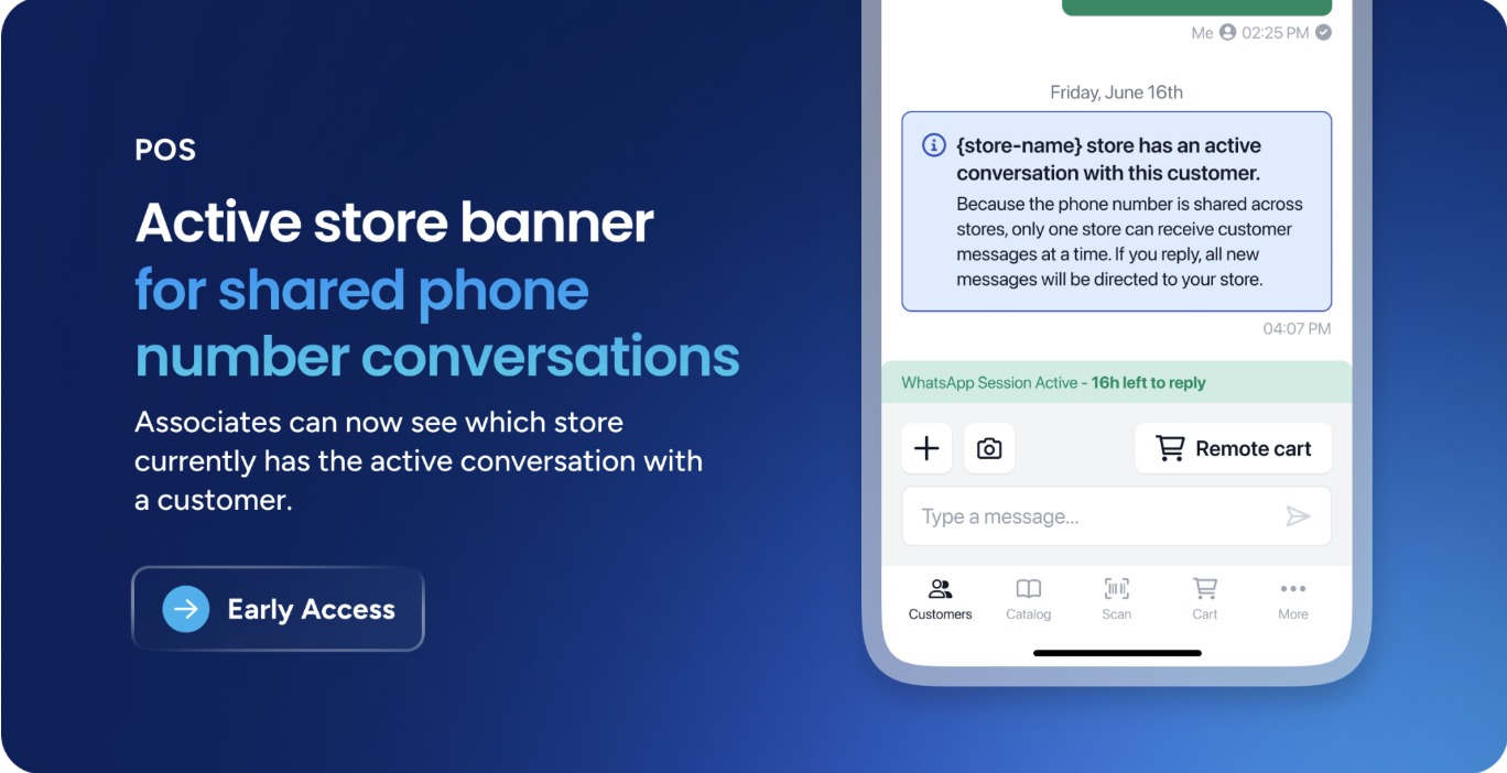 Active store banner for managing shared phone number conversations with customers.